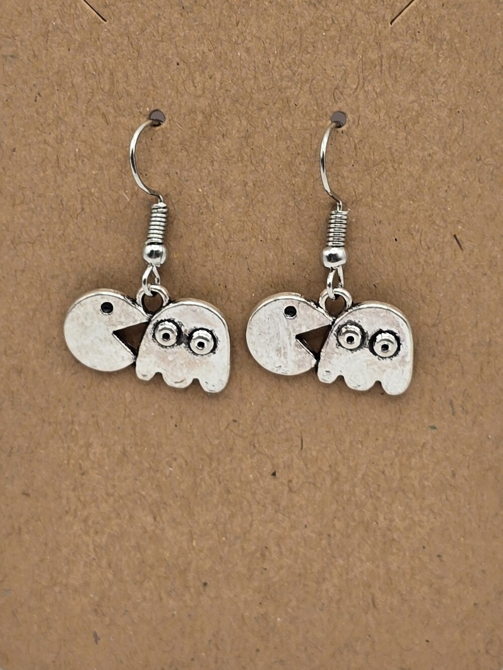 Pac Man and Ghost Silver Tone Retro Arcade Charms Dangle Novelty Earrings